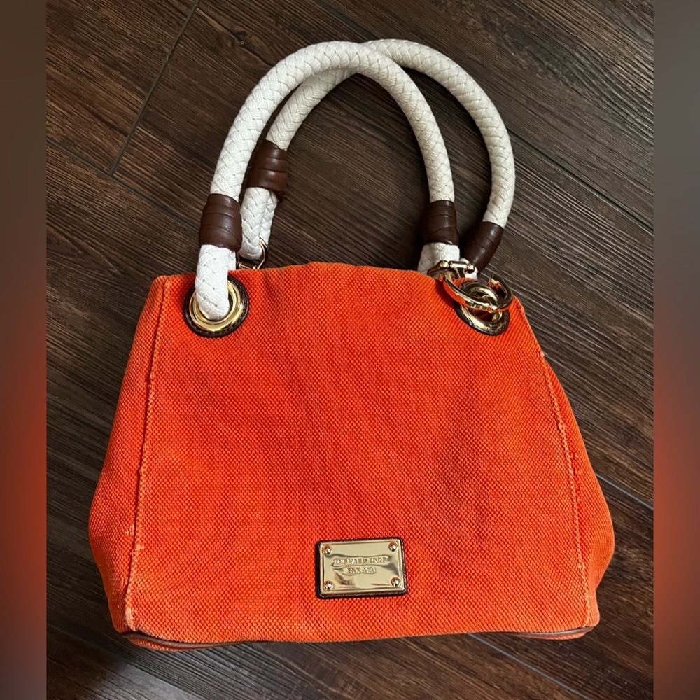 Michael Kors Marina canvas bag. Orange, brown & white. Gold hardware & anchors.